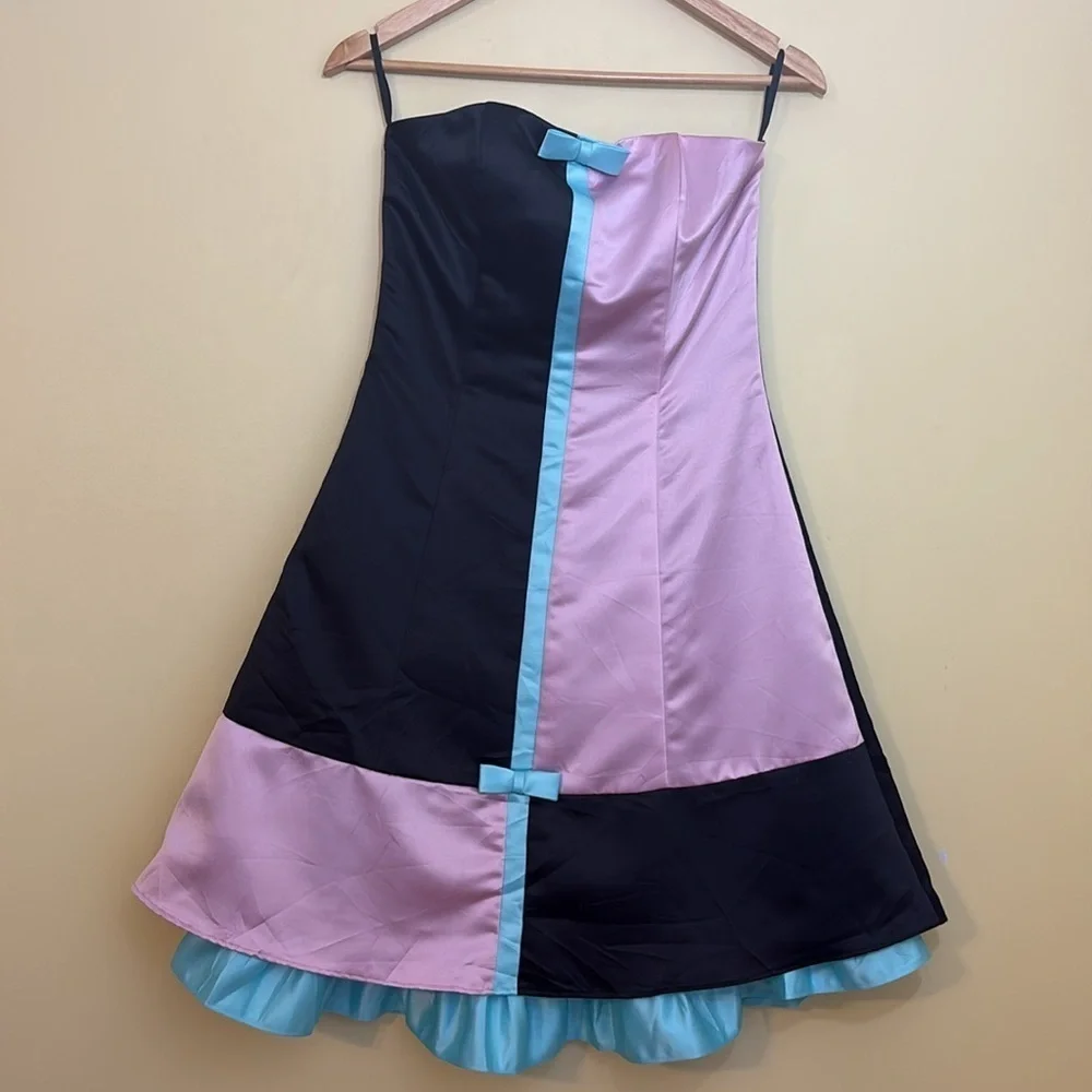 Gunne Sax Vintage Colorblock Black Pink Blue Strapless Alice In Wonderland Dress